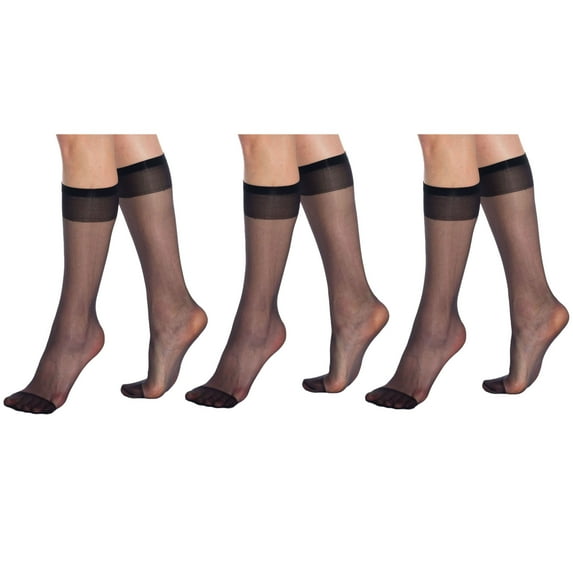 3 Pairs Sheer Knee High Socks for Women 15 Denier Stay up Band (Black)