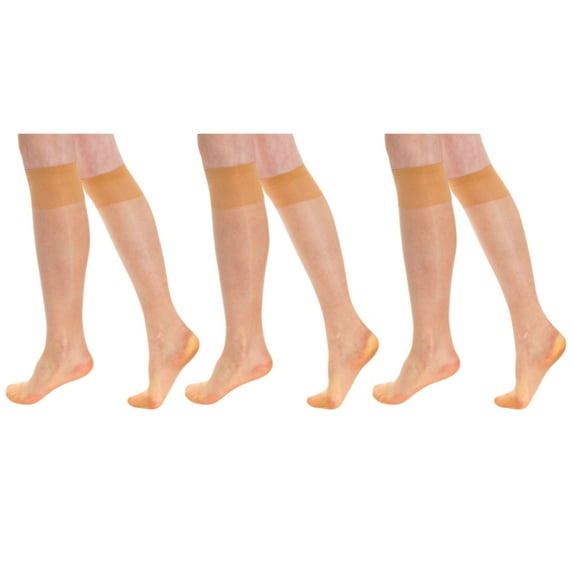 3 Pairs Sheer Knee High Socks for Women 15 Denier Stay up Band (Skin)