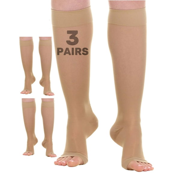 3 Pairs Sheer Open Toe Women Compression Knee Highs 15-20 mmHg Beige, X-Large