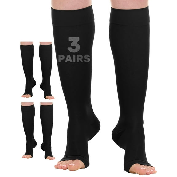 3 Pairs Sheer Open Toe Women Compression Knee Highs 15-20 mmHg Black, X-Large