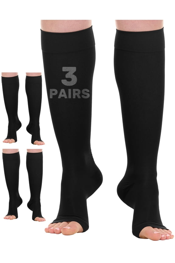 (3 Pairs) Sheer Open Toe Women Compression Socks 15-20 mmHg Black, 3X-Large
