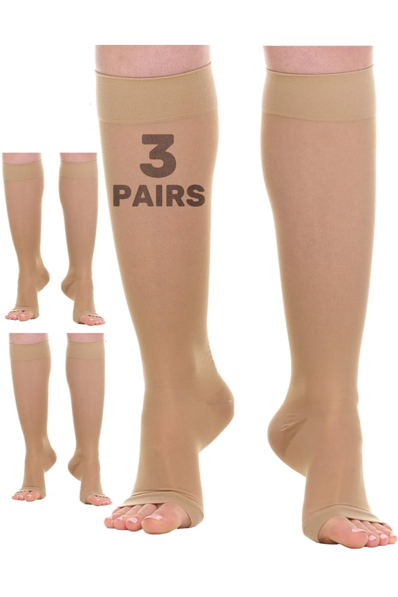 3 Pairs Sheer Toeless Women Support Socks for Circulation 15-20mmHg Beige Large
