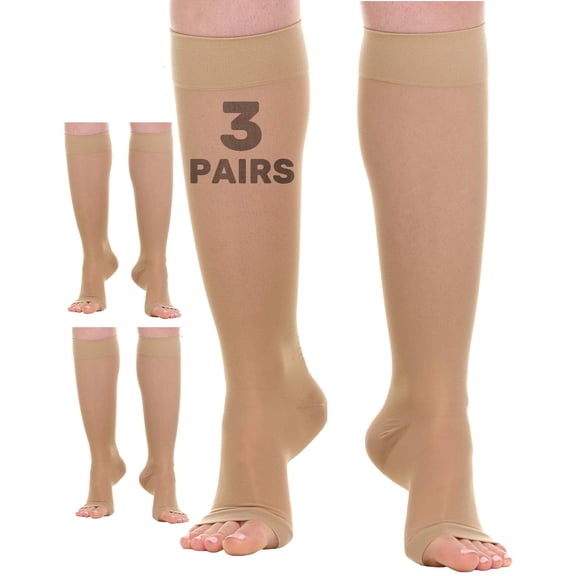 3 Pairs Sheer Toeless Women Support Socks for Circulation 15-20mmHg Beige Large