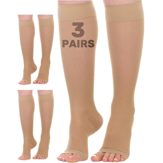 (3 Pairs) Sheer Women Open Toe Compression Socks 20-30 mmHg Beige, Medium