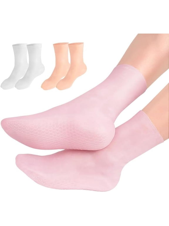 3 Pairs Silicone Moisturizing Socks,Silicone Socks for Dry Cracked Feet Women,Spa Gel Socks Foot Care After Pedicure,High Elastic & Anti Slip(Pink & Beige & White)