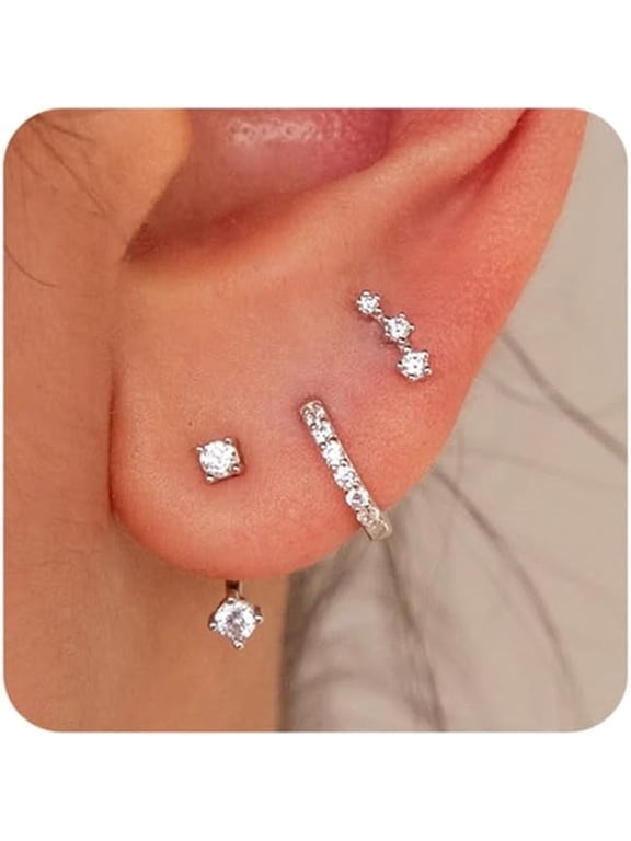 3 Pairs Silver Hypoallergenic Earrings for Women Trendy - Stud Hoop Cartilage Earrings Set Small Earring Stacks for Sensitive Ears Non Tarnish Dainty Silver Earring