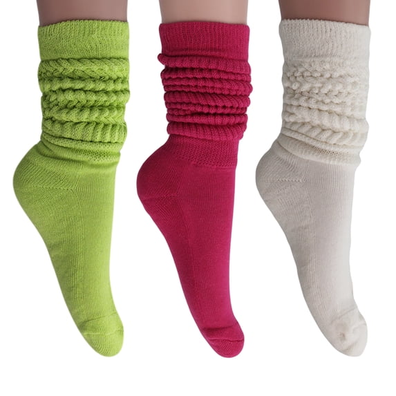 3 Pairs Slouch Socks Cotton Knee High Scrunch Socks (Almond-Fuchsia-Ivory)