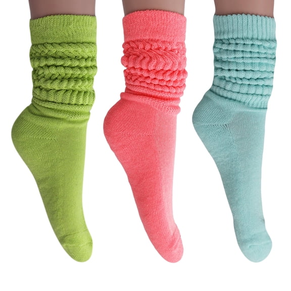 3 Pairs Slouch Socks Cotton Knee High Scrunch Socks (Almond-Neon Pink-Mint)