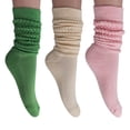 thumbnail image 1 of 3 Pairs Slouch Socks Cotton Knee High Scrunch Socks (Forest Green-Ecru-Pink), 1 of 6