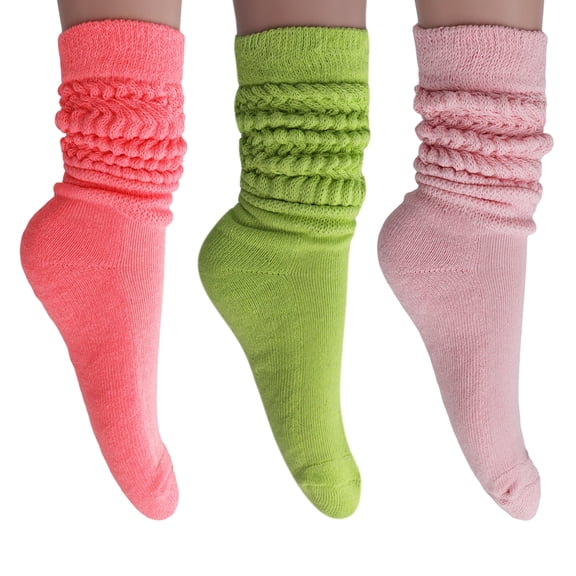 3 Pairs Slouch Socks Cotton Knee High Scrunch Socks (Neon Pink-Almond-Pink)