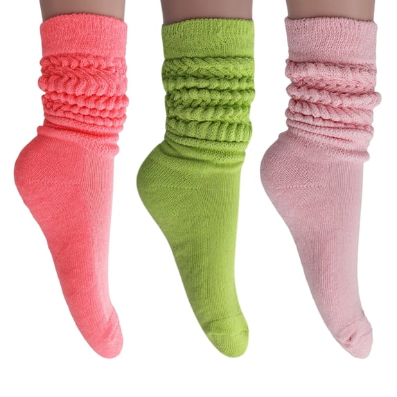 3 Pairs Slouch Socks Cotton Knee High Scrunch Socks (Neon Pink-Almond-Pink)