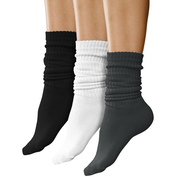3 Pairs Slouch Socks for Women, Soft Extra Long Scrunch Knee High Sock, Bulk Pack, White, One Size