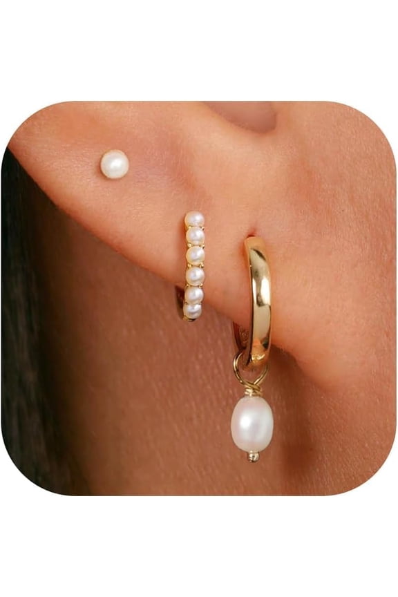 3 Pairs Small Gold Hoop Earring, 14K Gold Plated Earring Stacks Butterfly Heart Star Moon Bow Four Leaf Rhombus Round CZ Pearl Hoop Charm Huggie Earrings for Women Trendy