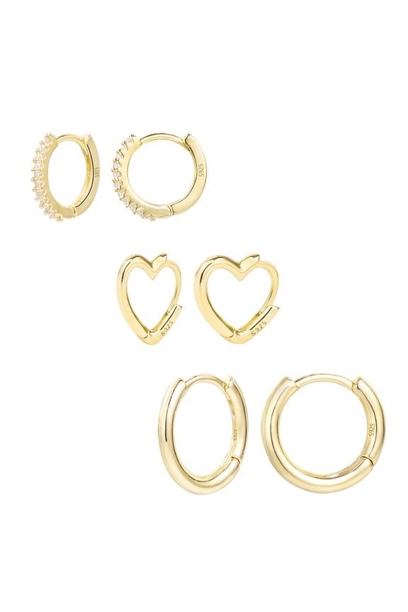3 Pairs 14K Gold Plated Huggie Hoop Earrings Set, Hypoallergenic Heart Earrings for Women, Gifts for Mom