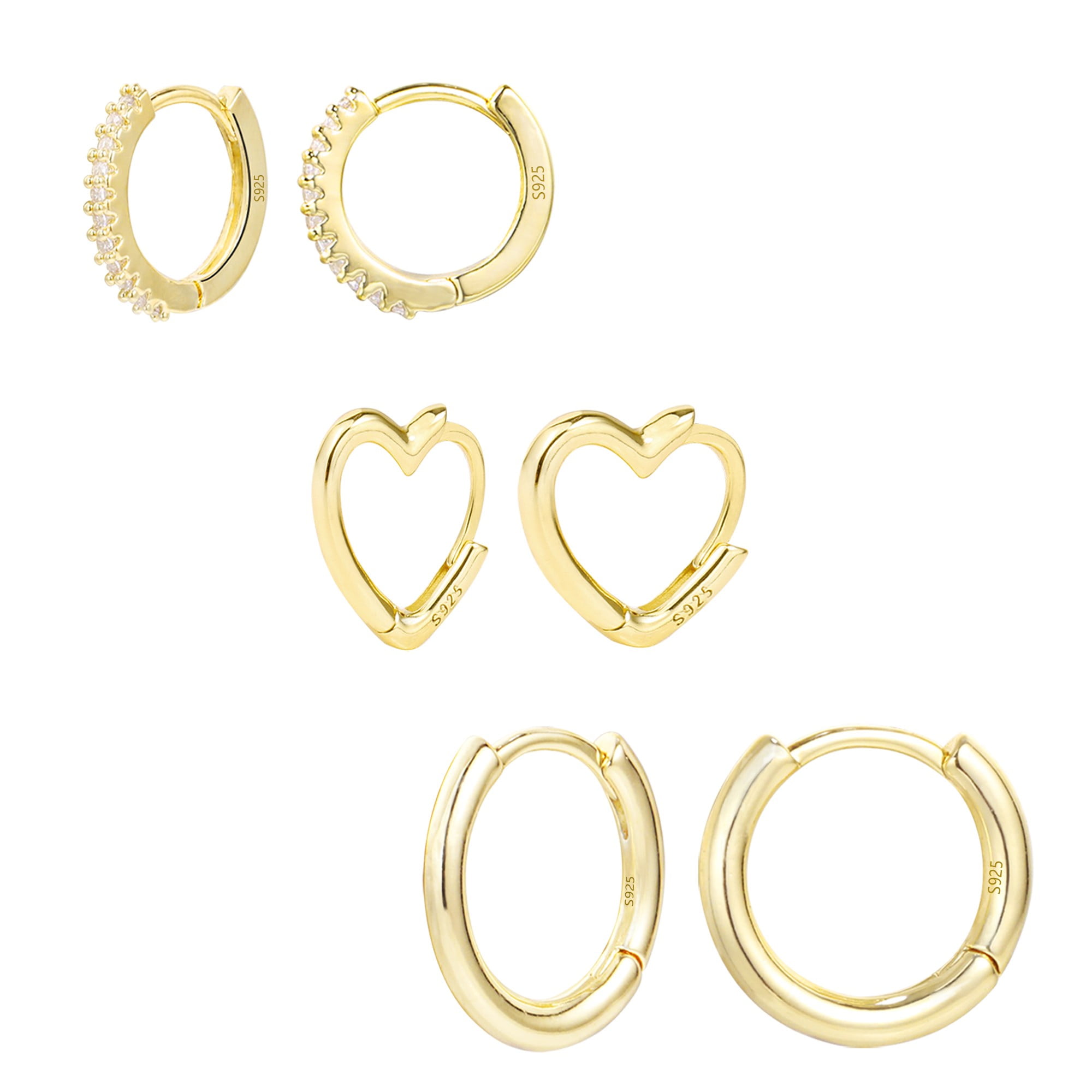 ALEXCRAFT 3 Pairs Small Huggie Hoop Earrings Set 14K Gold Hypoallergenic Lightweight Heart Huggie Hoops Earrings for Women Girls