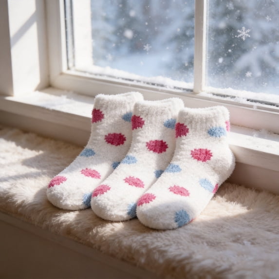 3 Pairs Spa Socks, Soft Plush Moisture Wicking Cozy Socks, Comfortable for Home, Relaxation & Self Care, White with Blue & Pink Dots
