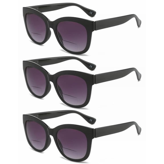 3 Pairs of Square Bifocal Oversized Reading Glasses 1.5 for Men Fishing, Plastic Spring Hinge Temple Readers, Black Classic Presbyopic Sunglasses +1.50