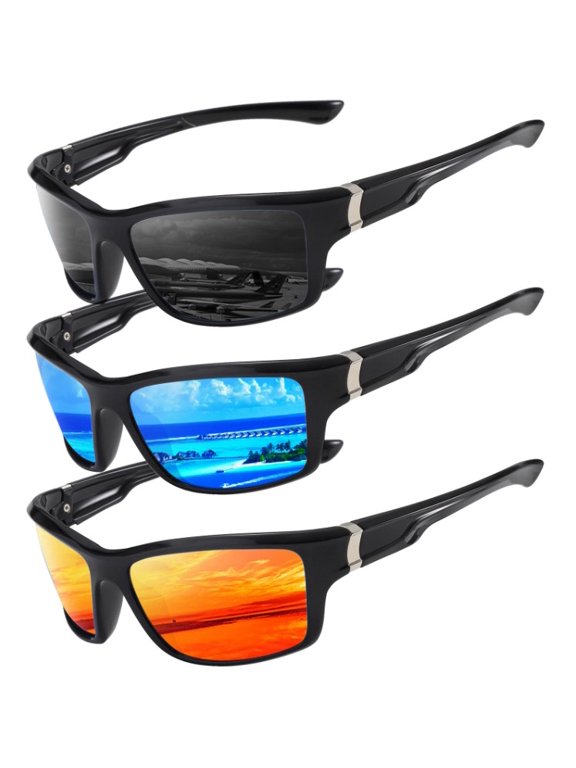 3 Pairs Square Polarized Sunglasses for Men,Lightweight UV Protection Shades Glasses for Driving Fishing Golf,Outdoor Polarizing Cycling Wind Spectacles (Black Blue Red)