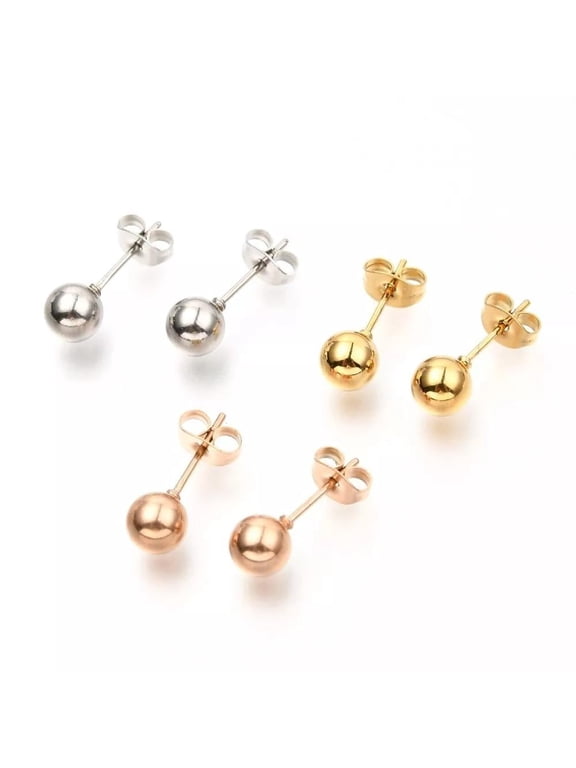 3 Pairs Stainless Steel Ball Earrings Ball Bead Stud Rose Gold Silver Round E6
