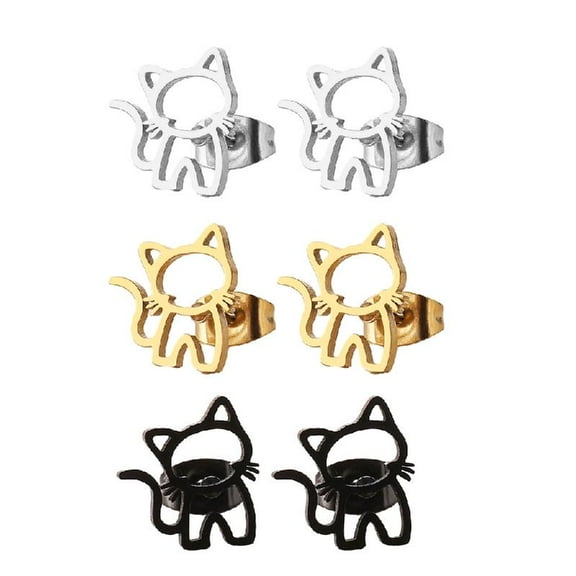 3 Pairs Stainless Steel Cat Stud Earrings Small Ear Studs Funny Ear Piercing