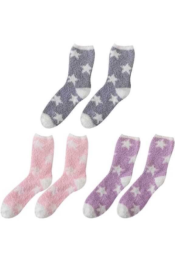 3 Pairs Star Pattern Fluffy Socks Fuzzy Winter Cosy Comfy Soft Warm Bed Thermal Slipper Grey Pink Purple One Size