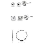 3 Pairs Sterling Silver Lightweight Unisex 10mm Mini Small Continuous Endless Hoops, Tiny Round 2mm CZ & Ball Bead Stud Earrings Set