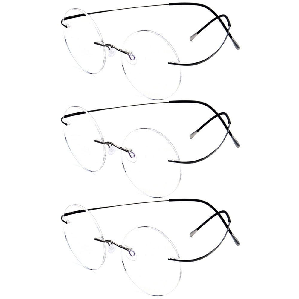3 Pairs of Steve Jobs 48mm Retro Rimless Blue Light Blocking Oversized Reading Glasses 1.50, Mens Round Presbyopic Glasses Womens Lightweight Flexible Black Readers +1.50 Strength
