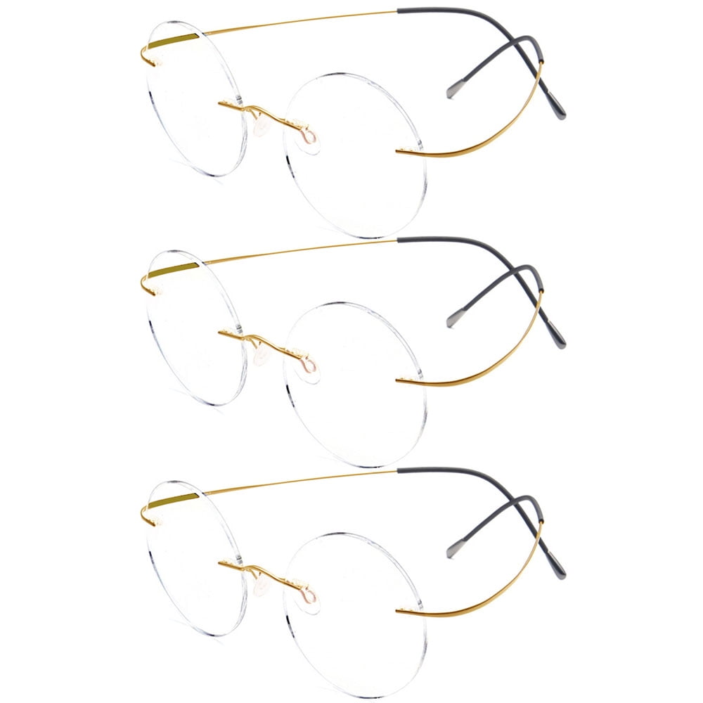 3 Pairs of Steve Jobs 48mm Retro Rimless Blue Light Blocking Oversized Reading Glasses 1.50, Mens Round Presbyopic Glasses Womens Lightweight Flexible Gold Readers +1.50 Strength