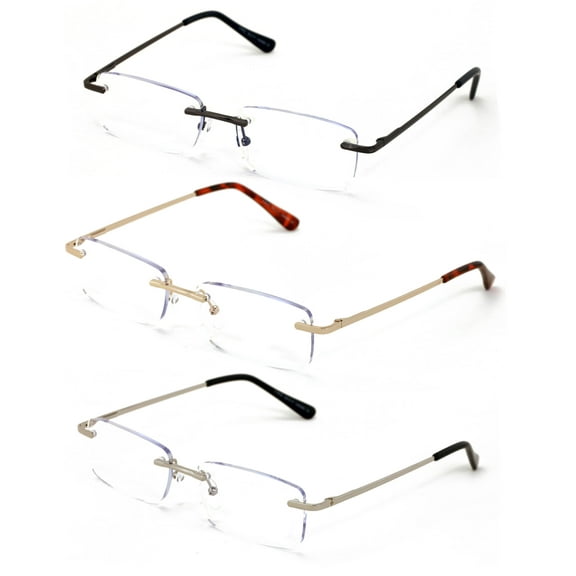 3 Pairs Super Lightweight Slim Sleek Full Rimless Reading Glasses Metal Frame- Rectangular Anti Blue Blocker UV Protection Reader Clear Lens 2.00