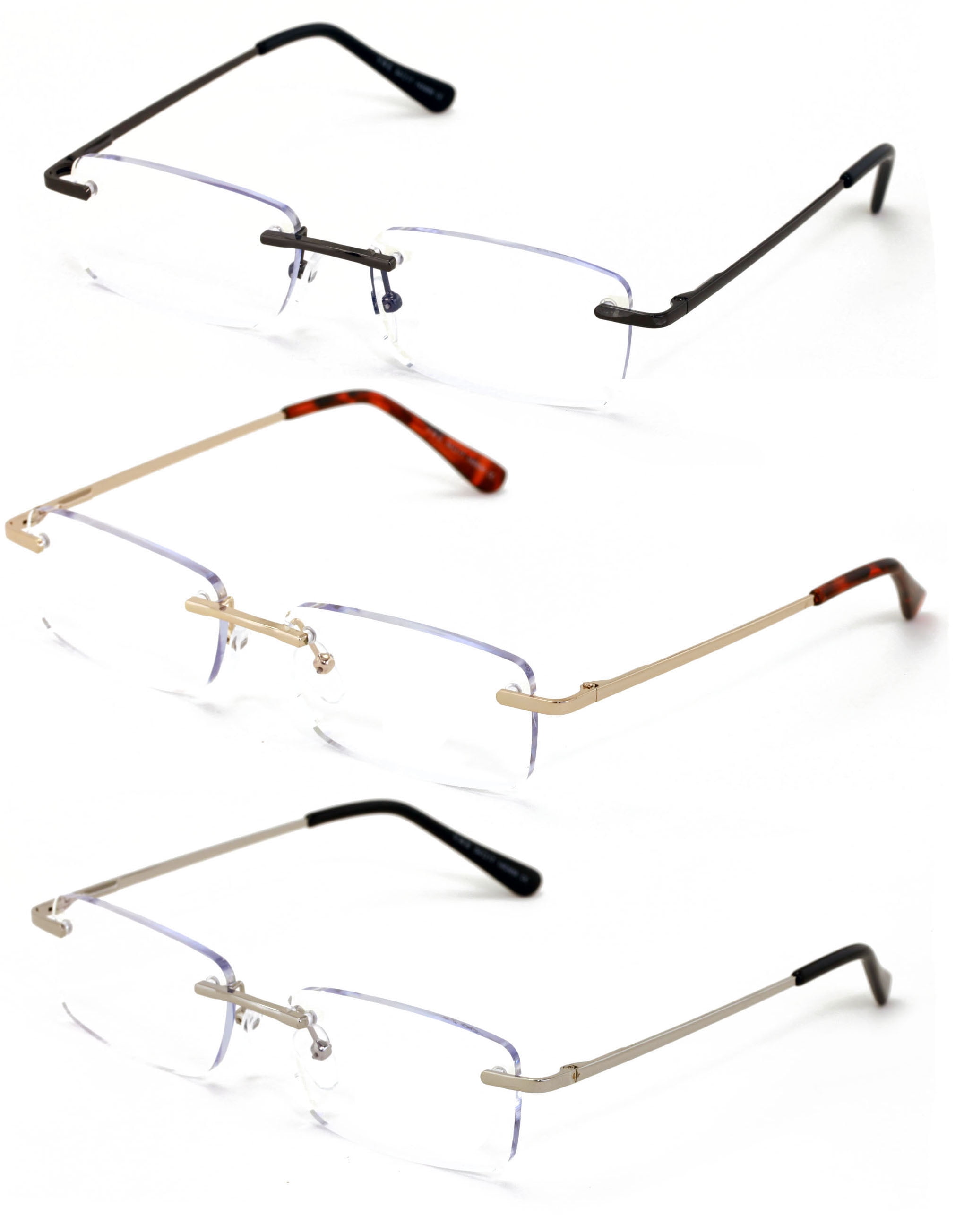 3 Pairs Super Lightweight Slim Sleek Full Rimless Reading Glasses Metal Frame Rectangular Anti