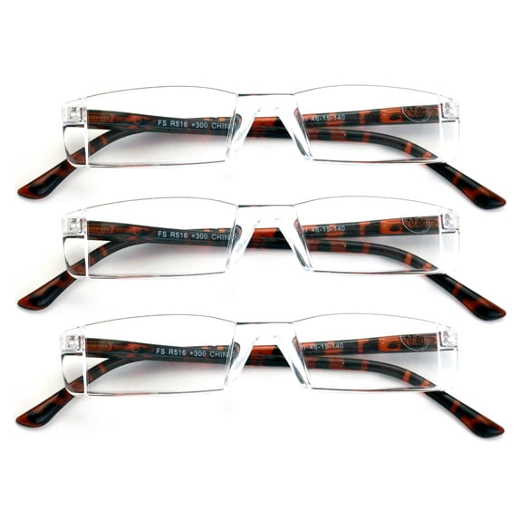 3 Pairs Super Lightweight Slim Sleek Rectangular Reading Glasses - Spring Hinge Modern Reader +1.50
