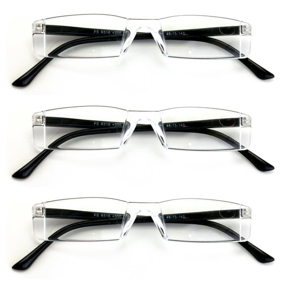 3 Pairs Super Lightweight Slim Sleek Rectangular Reading Glasses - Spring Hinge Modern Reader +1.75