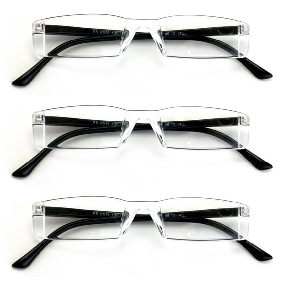 3 Pairs Super Lightweight Slim Sleek Rectangular Reading Glasses - Spring Hinge Modern Reader +1.75
