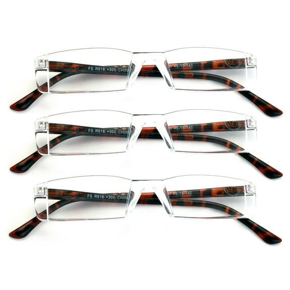 3 Pairs Super Lightweight Slim Sleek Rectangular Reading Glasses - Spring Hinge Modern Reader +4.00