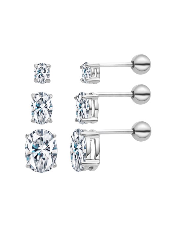 3 Pairs Surgical Stainless Steel Screw Back Stud Earrings, Heart Square Princess Cut Horse Eye Teardrop Triangle Cubic Zirconia Stud Earrings Set