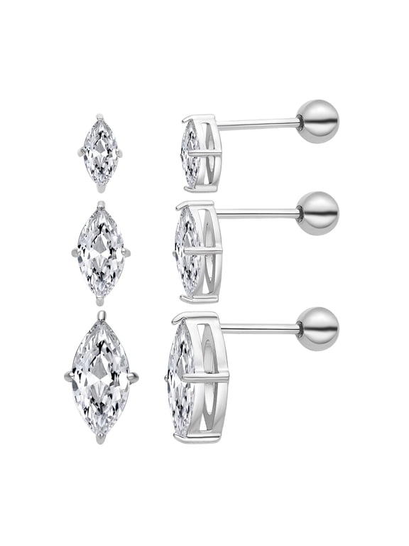 3 Pairs Surgical Stainless Steel Screw Back Stud Earrings, Heart Square Princess Cut Horse Eye Teardrop Triangle Cubic Zirconia Stud Earrings Set