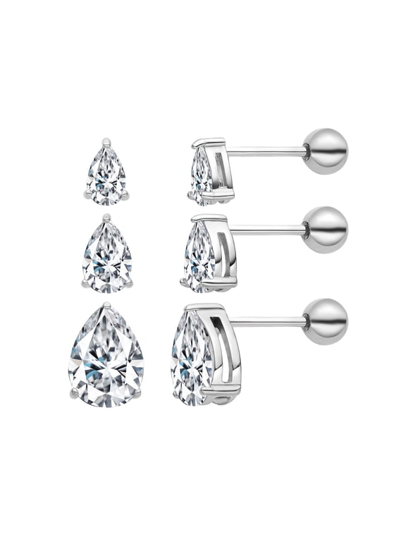 3 Pairs Surgical Stainless Steel Screw Back Stud Earrings, Heart Square Princess Cut Horse Eye Teardrop Triangle Cubic Zirconia Stud Earrings Set