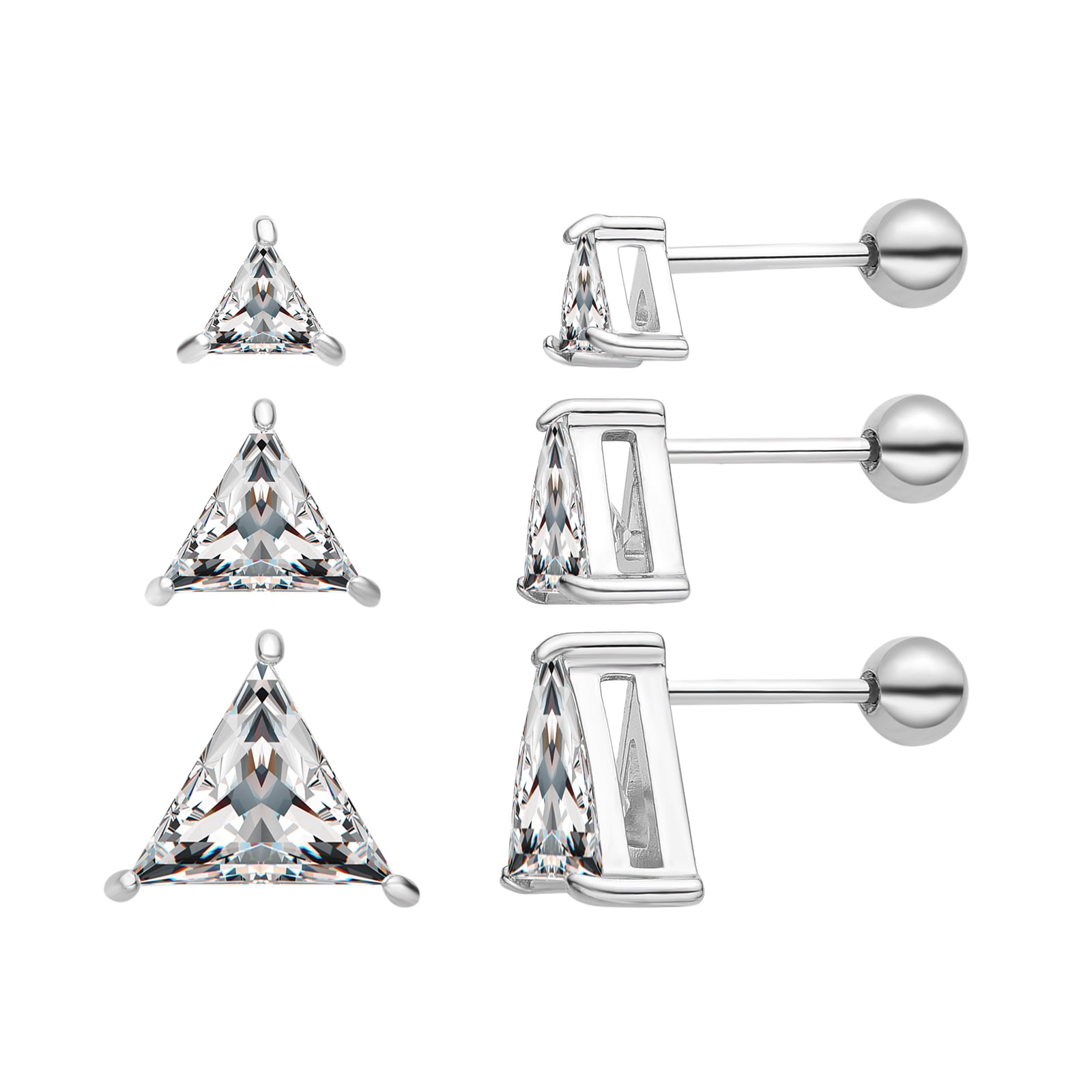 3 Pairs Surgical Stainless Steel Screw Back Stud Earrings, Heart Square