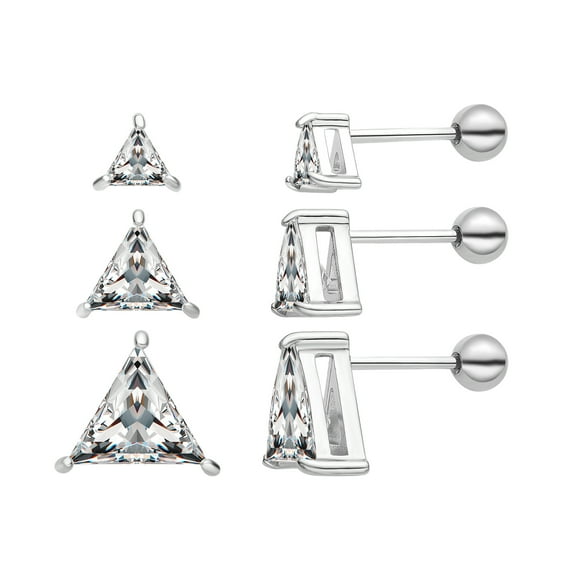 3 Pairs Surgical Stainless Steel Screw Back Stud Earrings, Heart Square Princess Cut Horse Eye Teardrop Triangle Cubic Zirconia Stud Earrings Set