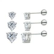 JUSTJANDM 3 Pairs Surgical Stainless Steel Screw Back Stud Earrings, Heart Square Princess Cut Horse Eye Teardrop Triangle Cubic Zirconia Stud Earrings Set