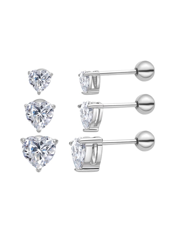 3 Pairs Surgical Stainless Steel Screw Back Stud Earrings, Heart Square Princess Cut Horse Eye Teardrop Triangle Cubic Zirconia Stud Earrings Set