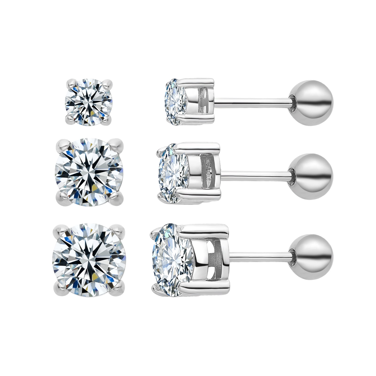 3 Pairs Surgical Steel Stud Earrings, Cubic Zirconia, Heart Square Princess Cut, Horse Eye