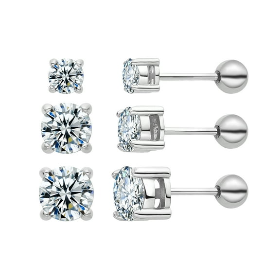 3 Pairs Surgical Stainless Steel Screw Back Stud Earrings, Heart Square Princess Cut Horse Eye Teardrop Triangle Cubic Zirconia Stud Earrings Set