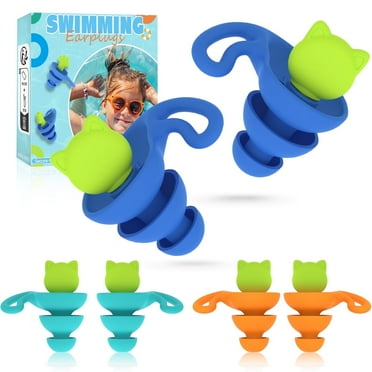3 Pairs Swimming Earplugs, Silicone Comfortable Earplugs with Storage Case, Fits Small Ears and Adults, Suitable for Swimming, Bathing, Surfing – Blue/Green/Orange-L
