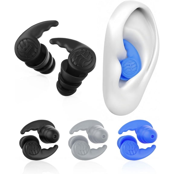 3 Pairs Swimming Earplugs Waterproof Silicone Ear Plugs for Surfing Shower Kayaking, Water Out Sound In Comfortable Reusable Protection Adults Teens with Storage Case, Black Gray Blue