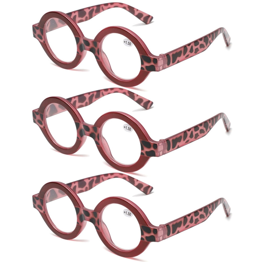 3 Pairs of Thick Blue Light Blocking Reading Glasses +3.0, Round Classic Plastic Red Tortoiseshell Readers 3.00 for women, Fashion Presbyopia Glasses +300 Strength