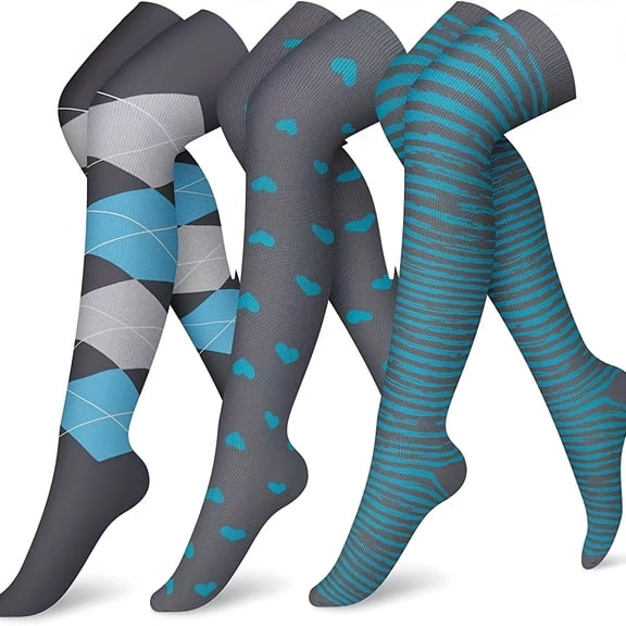 3 Pairs Thigh-High Compression Socks for Men & Women Floral & Striped Designs Nylon & Polyester Blend - Ideal for Running, Hiking & Cycling - Improves Circulation & Supports Sports Activities