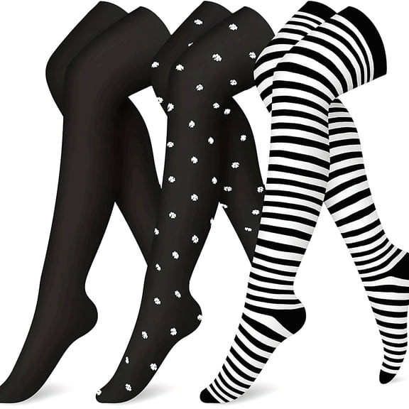 3 Pairs Thigh-High Compression Socks for Men & Women Floral & Striped Designs Nylon & Polyester Blend - Ideal for Running, Hiking & Cycling - Improves Circulation & Supports Sports Activities