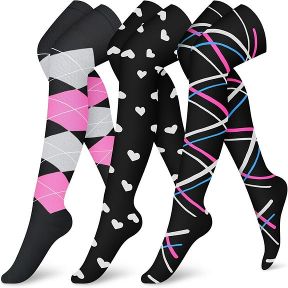 (3 Pairs)Thigh High Compression Socks for Women & Men Circulation Over the Knee High Stocking is Best for Running, Flight Travel, Supporting, Cycling, Pregnant 15-20 mmHg