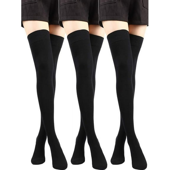 3 Pairs Thigh High Socks Cotton Over Knee Socks Knit Long Boot Stocking, Black, Medium